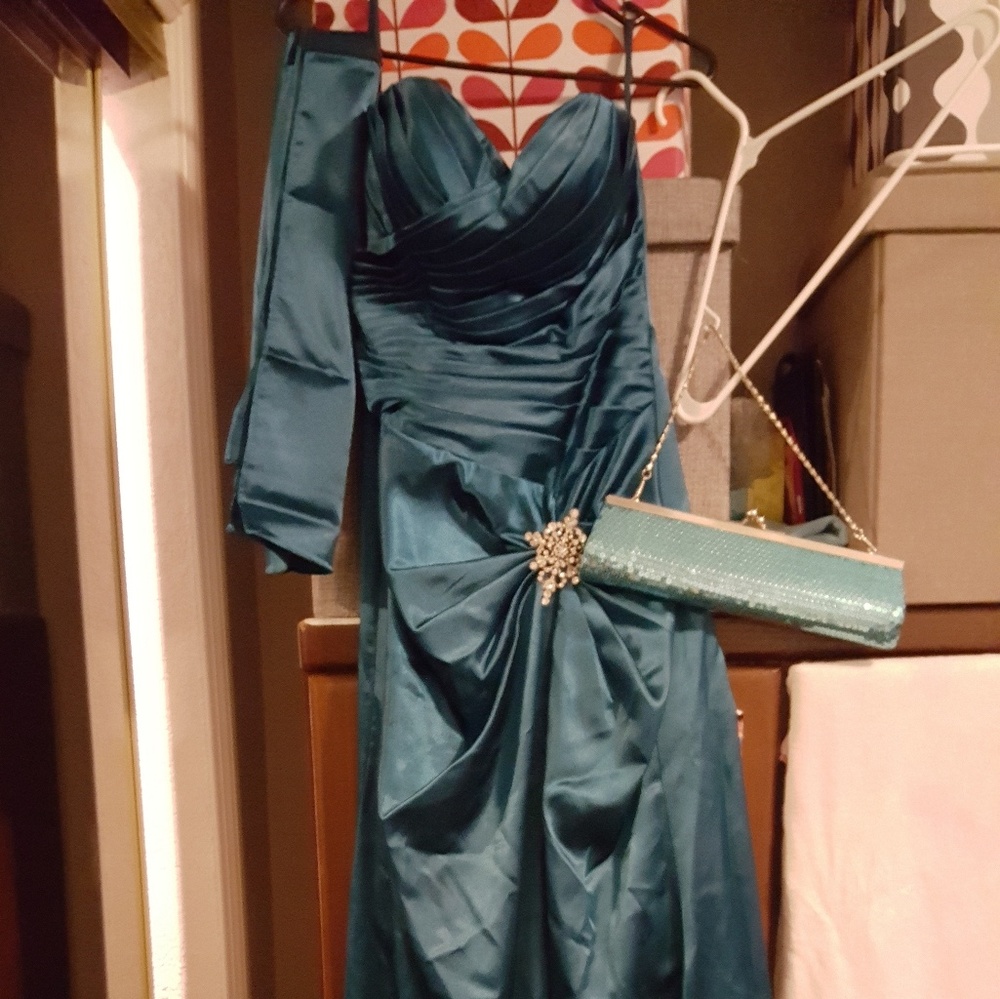 Teal long strapless dress size with matching crotc